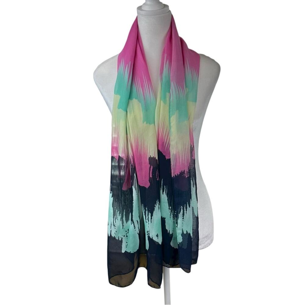 Liang Dian Silk Blend Scarf 19 X 61 Pink yellow Green Black